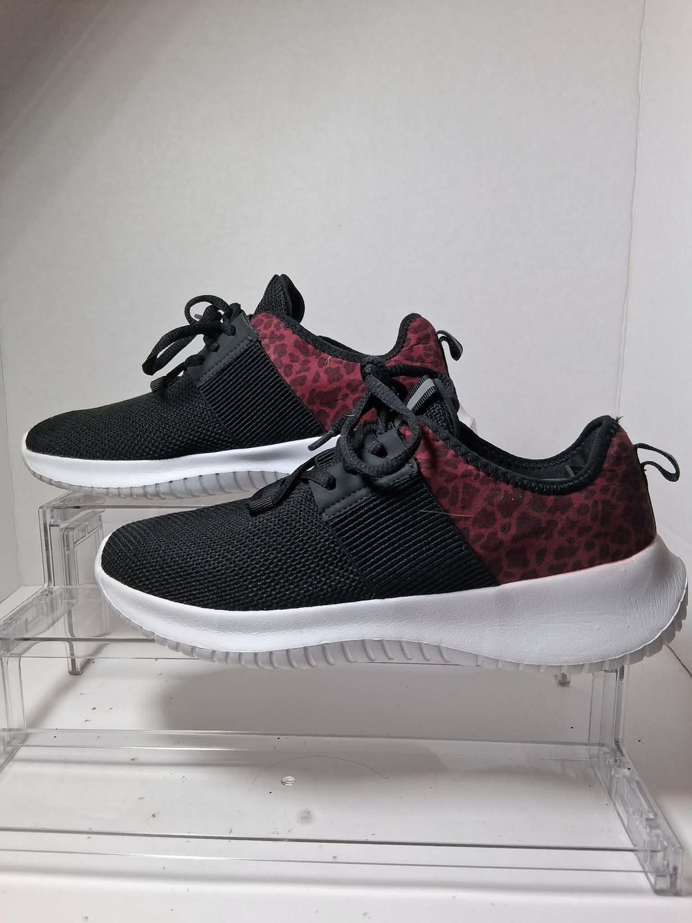 Women’s Black & Burgundy Leopard Knit Sneakers